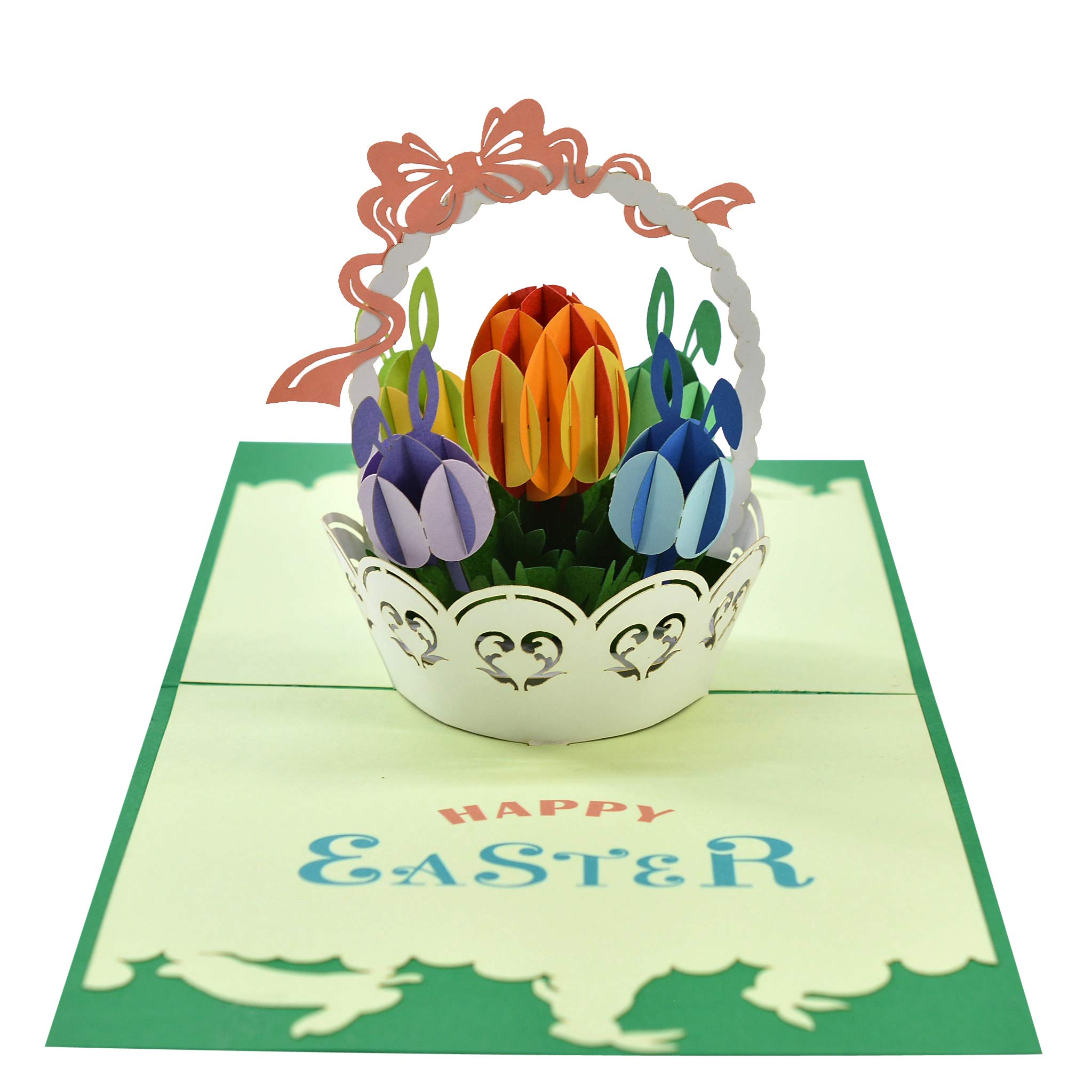 Happy Easter Bunny Basket Pop Up 3D card. Colourful Spring Collection. A Delightful surprise easter greeting card gift for Kids, Children, Family, Friends. 15cmx15cm
