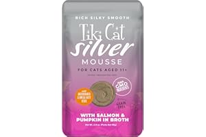 TIKI PETS Tiki Cat Silver Mousse, with Salmon & Pumpkin in Broth, Silky Smooth Nutrient Rich Formulated for Older Cats Aged 11+, 2.9 oz. Pouch (12 Count)