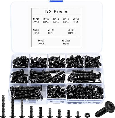 SZSLMY 172 Pcs M6 Bolts Nuts Set Carbon Steel Black 10mm-40mm