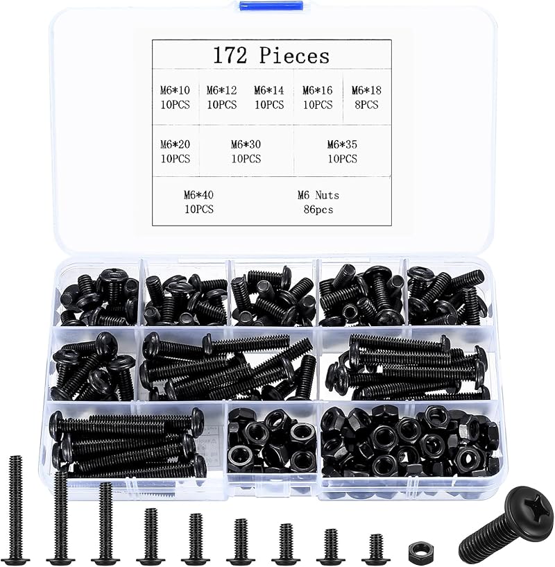 SZSLMY 172 Pcs M6 Bolts Nuts Set Carbon Steel Black 10mm-40mm