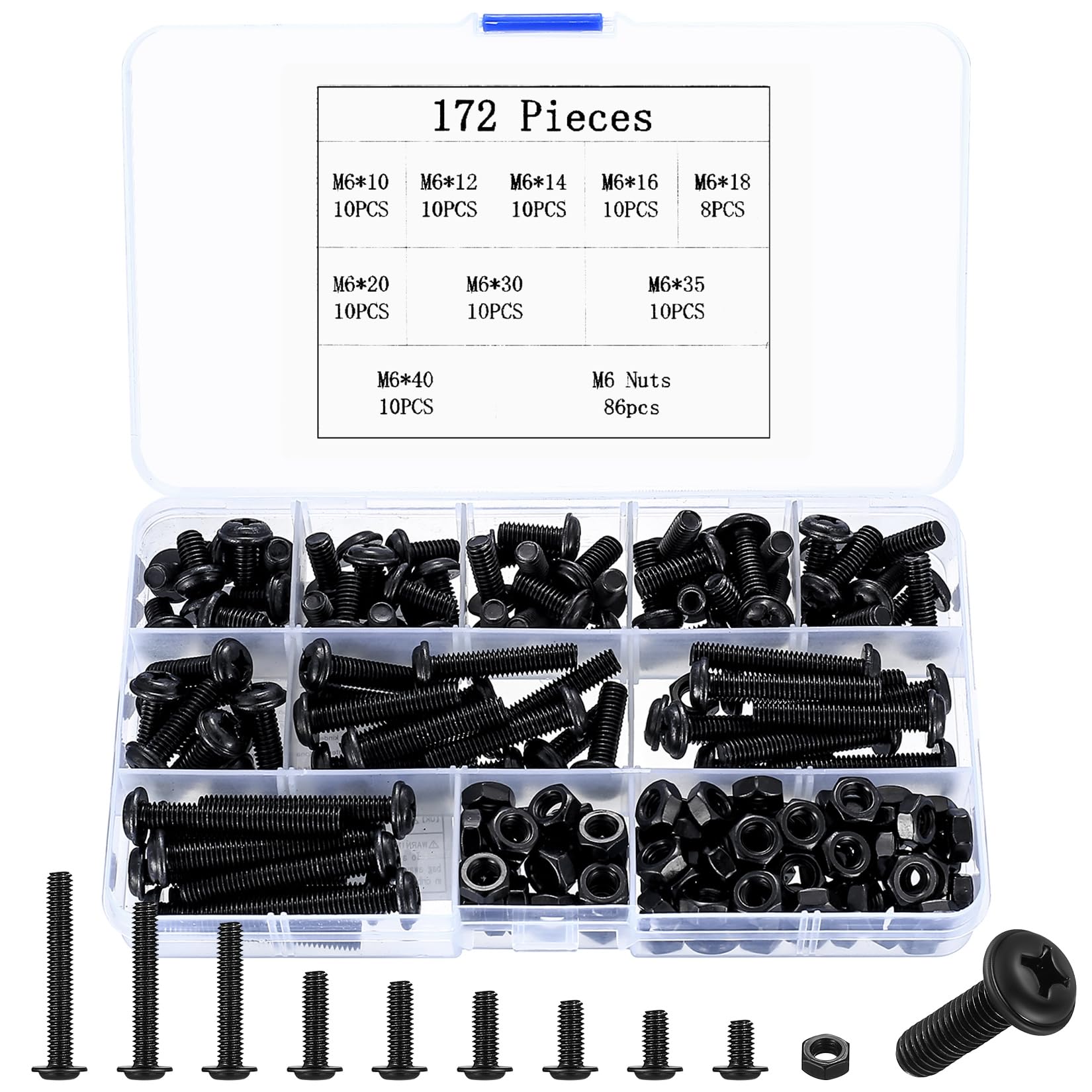 172 Pcs M6 Assorted Bolts and Nuts Set, Machine and Bolts, Flat Washer Head Cross Screws Nuts Assortment Kit, Black Thread Fastener Screws and