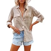 OMSJ Women's Striped Button Down Shirts Casual Long Sleeve Stylish V Neck Blouses Tops with Pockets