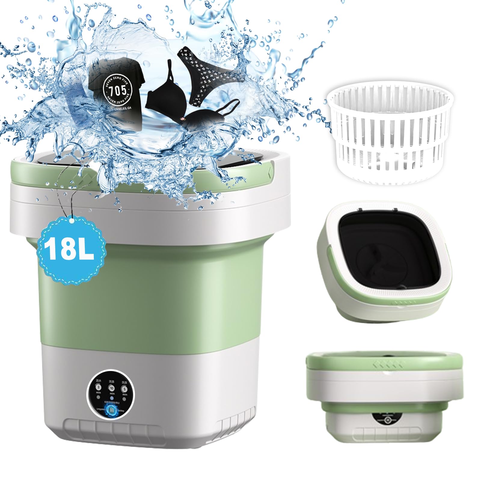 Portable Washing Machine,18L Foldable Mini Washer with Basket Spin,Compact Washer and Dryer with 3 Cleaning Modes for Underwear,Socks, Travel, Apartment (Green)