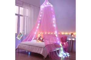 Akiky Bed Canopy for Girls with Lights,Canopy for Girls Room Twin Full Queen King Size Bed Netting for Kids Adults Princess Canopy Room Decor(Pink)