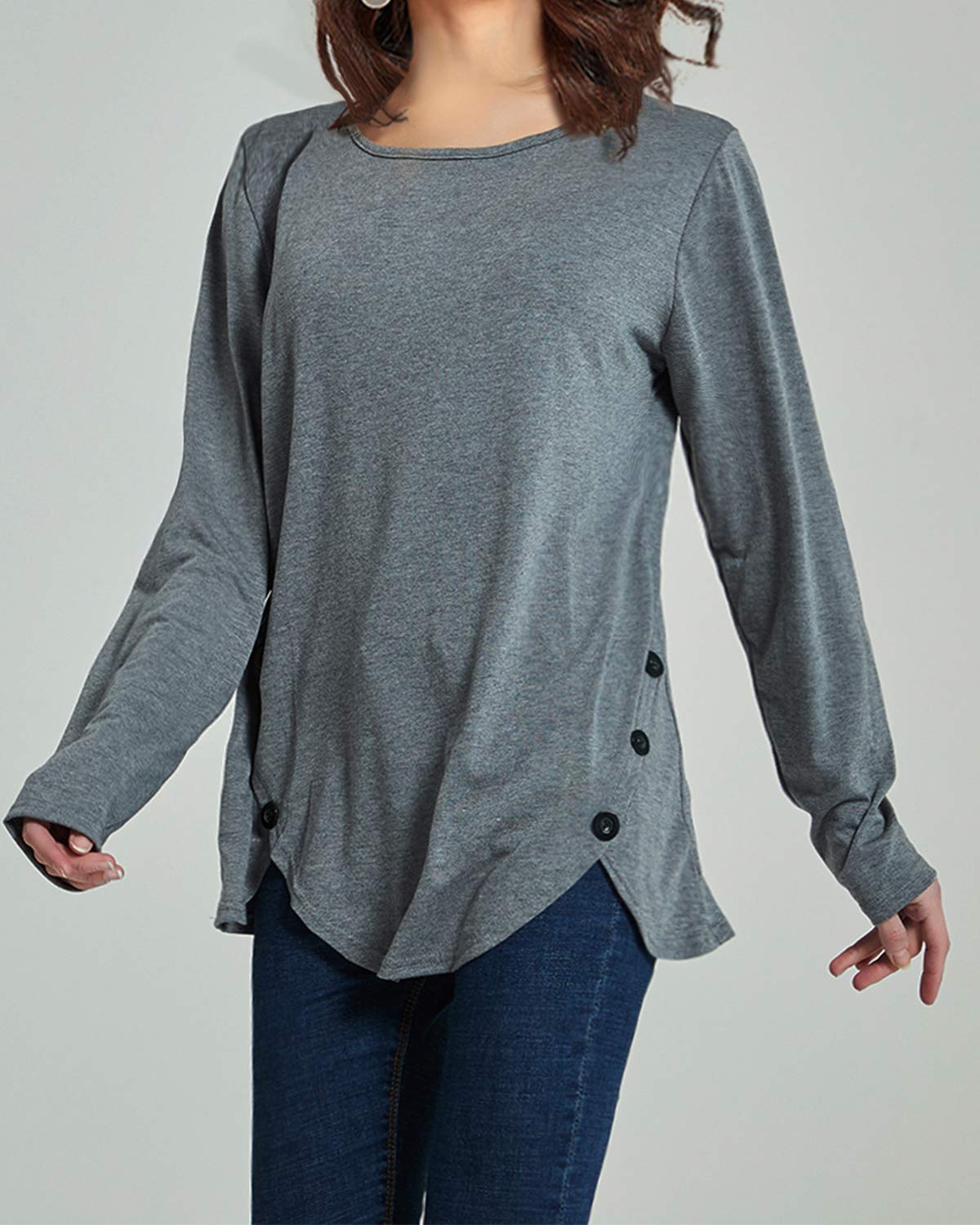 Disi Women\'s Button Round Neck T- Shirt Slim Long Sleeve Top Front Side Split Causal Pullover Blouses Basic Tunic 灰 M Gray
