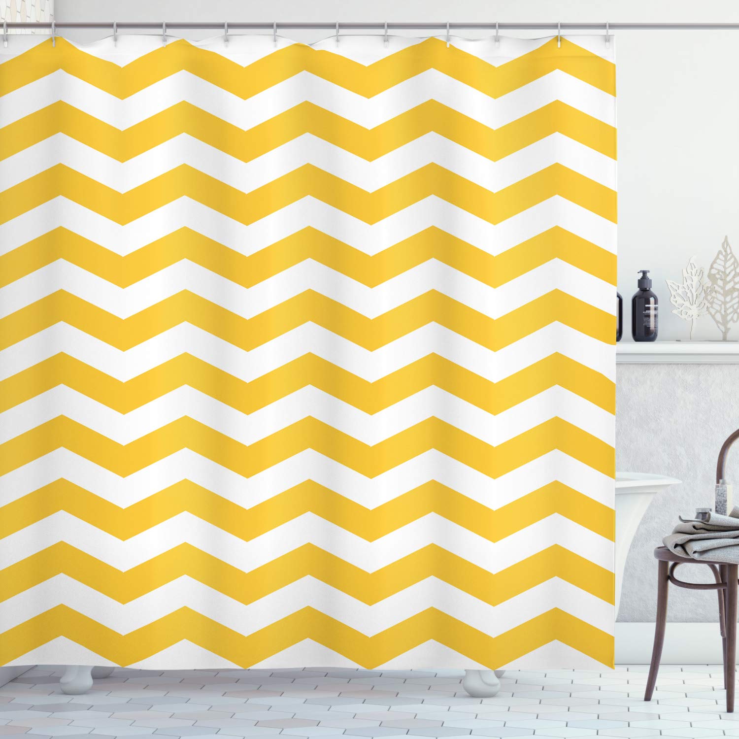 ABAKUHAUS Yellow Chevron Shower Curtain, Modern Summer Season Pattern Zigzag Tile Design Wavy Horizontal Motif, Cloth Fabric Bathroom Decor Set with Hooks, 175 x 180 cm, Yellow And White