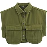 Perbai Womens Cropped Button Down Shirt Summer Collared Sleeveless Loose Denim Top with Pockets