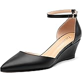 zasudxie Womens Wedge Pumps, Pointed Toe Low Heel Wedges with Ankle Strap for Evening Party Dress Casual 2 Inch