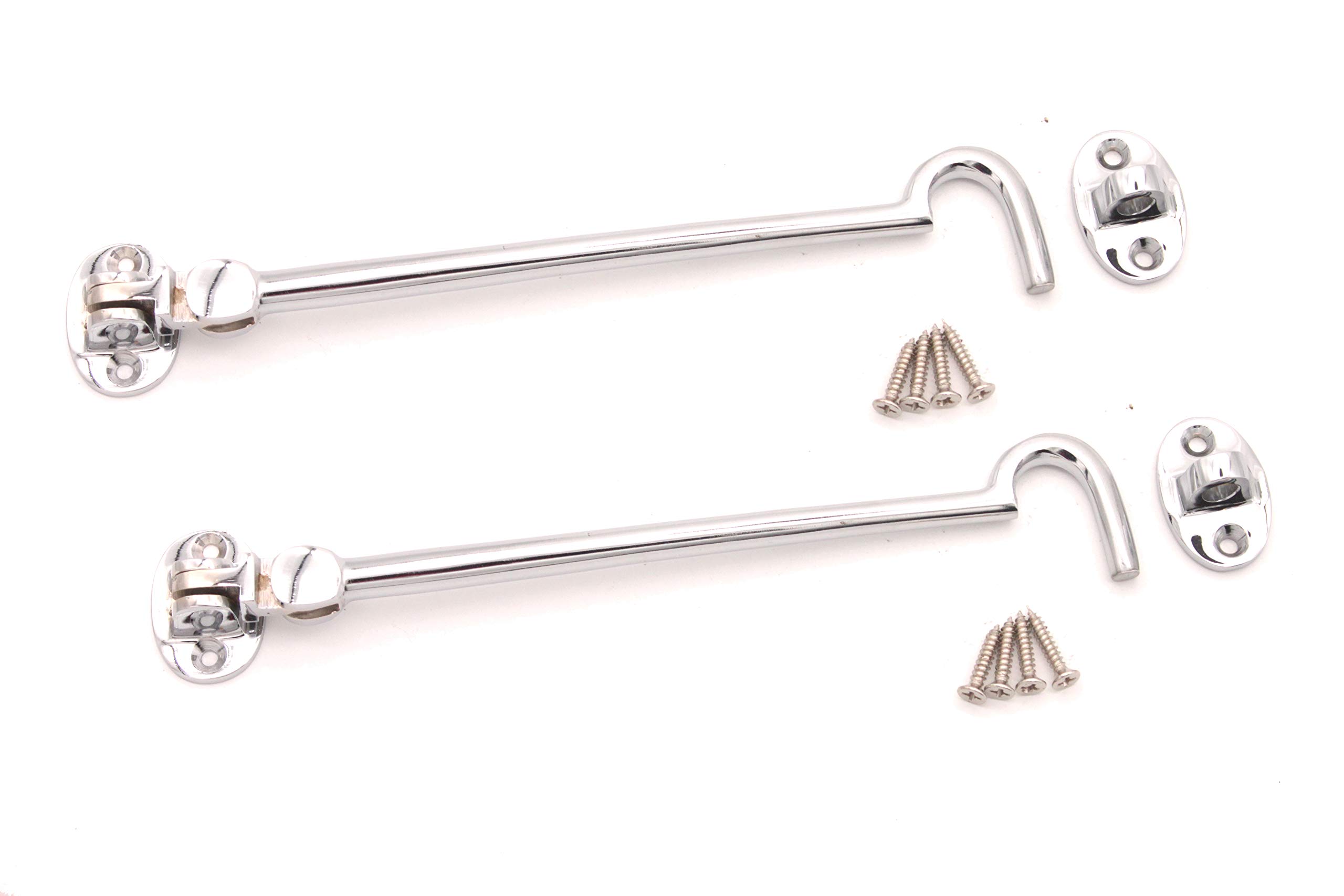 Pack of 2, 8" (200mm) Heavy Duty Brass Cabin Hook & Eye Silent Catch/Latch/Holder/Back Gate/Shed/Patio Door in Various Finishes (Polished Chrome)