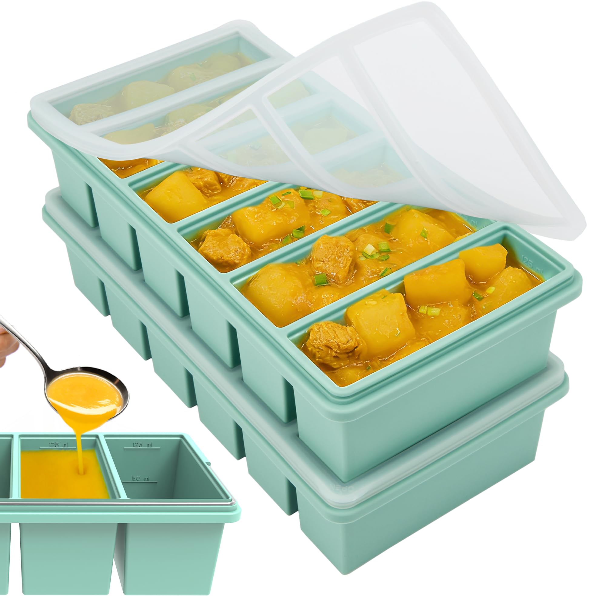 Photo 1 of 1/2 Cup Silicone Freezer Molds with Lid, Soup Container Style Ice Cube Trays for Freezer - Reinforced Steel Ring Top for freezing Soup Sauce Broth Leftovers, Dishwasher & Oven Safe, BPA Free 2 Pack