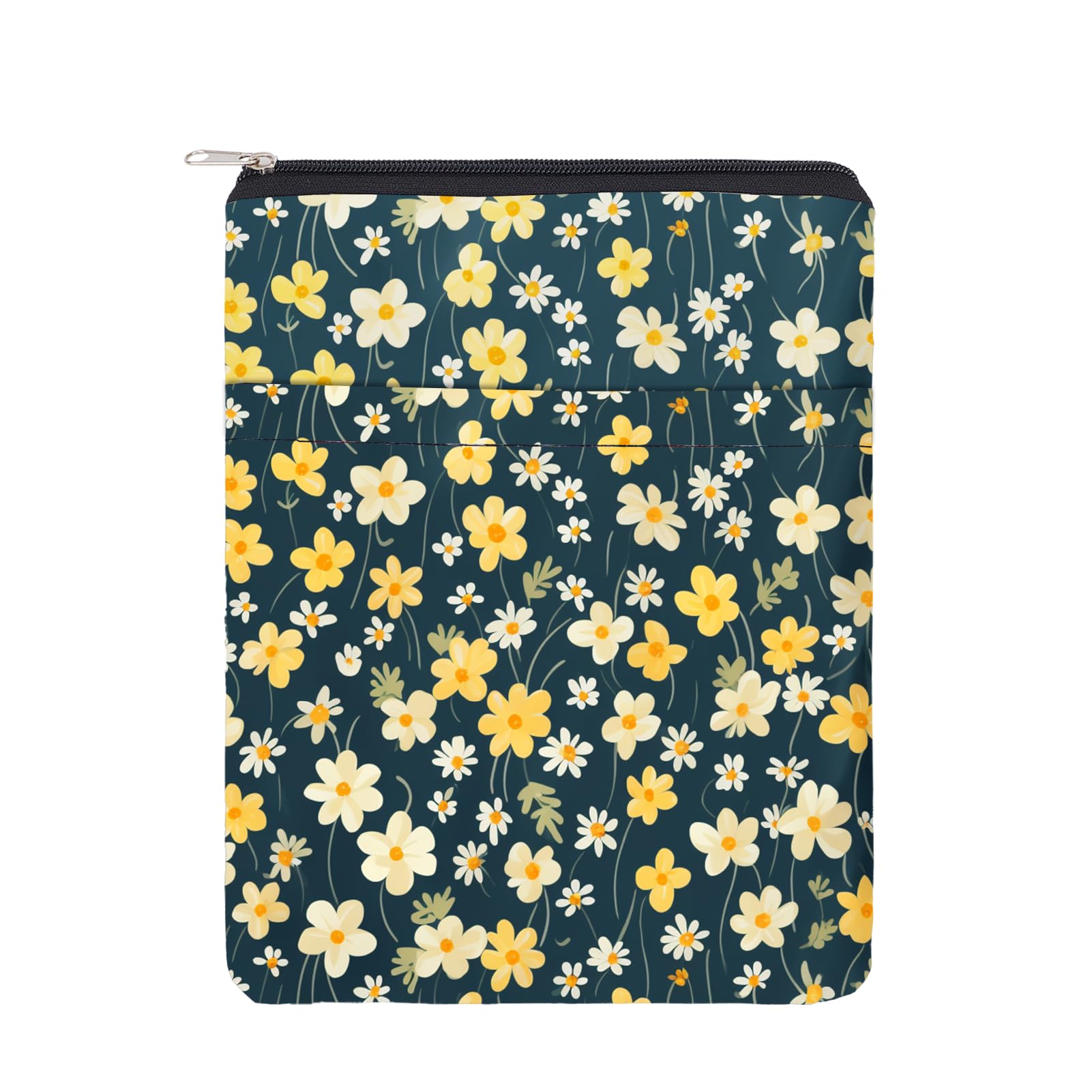 NICENEEED Book Cover with Zipper, Flower Grass Book Sleeve, Front Pocket Book Protector, Waterproof BookCover Case, Washable Fabric Cover