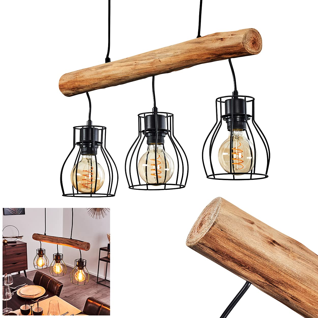 Pendant Light Gondo, Hanging Light Made of Metal/Wood in Black/Brown, 3-Flame, 3 x E27, Modern Pendant Light, Without Bulbs