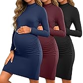 Sweetyweee 3 Pack Women's Maternity Dresses Long Sleeve Mock Neck Winter Pregnancy Dress Side Ruched Knee Length Mama Clothes