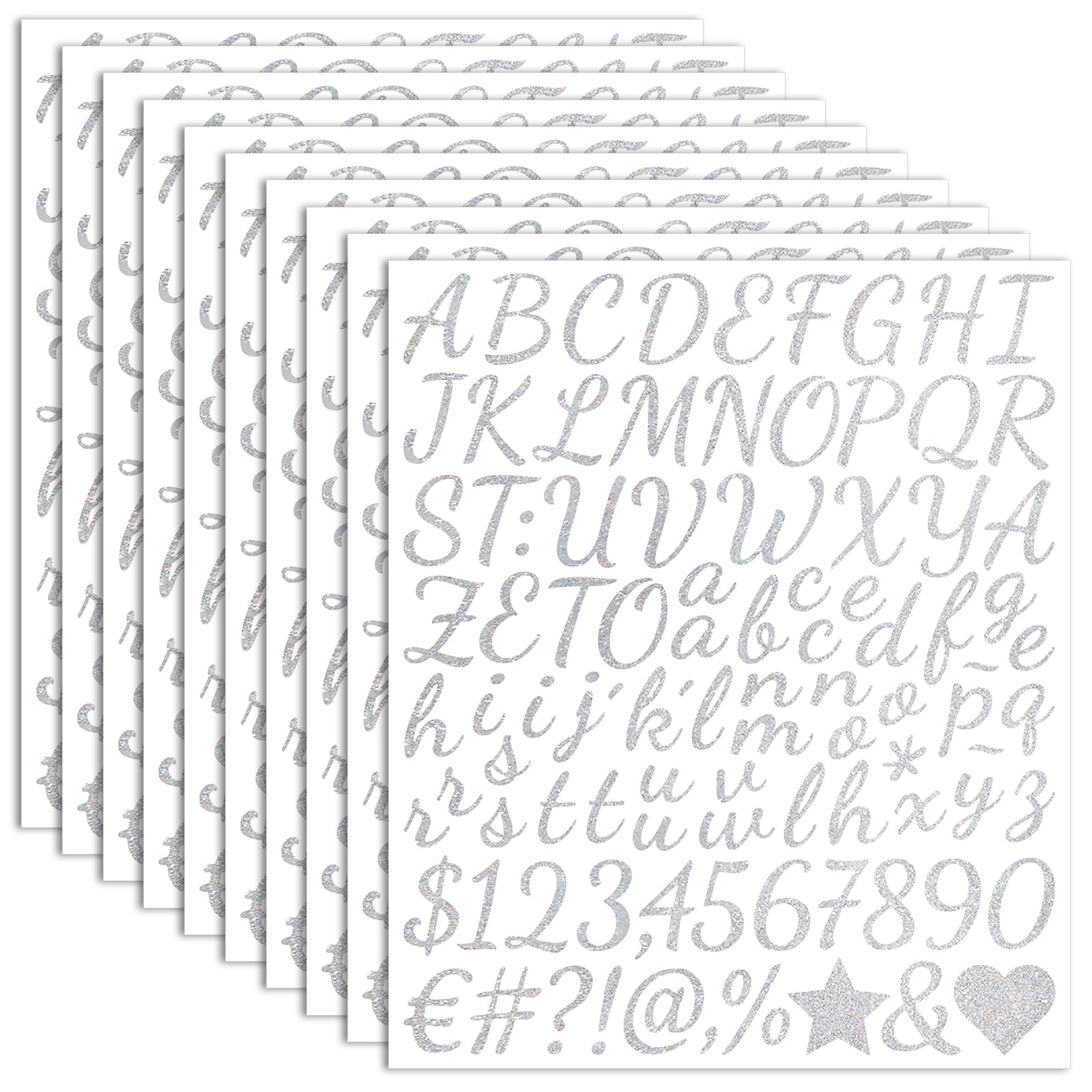 Photo 1 of 10 Sheets Small Letter Stickers - 1 Inch Handwritten Glitter Silver Self Adhesive Alphabet Number Stickers Stick on Letters for Arts Crafts Outdoor Sign Wall Mailbox Windows Doors Car Poster Board