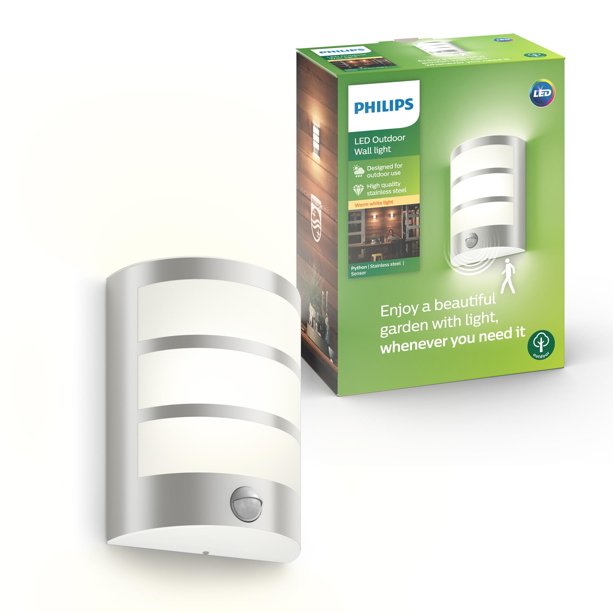 Philips Python LED Outdoor Wall Light, 5.5W, 700 lm, 2,700 K Warm White Light, IP44 Weather-resistant, Infrared Motion Sensor, Built-in LED, Durable, Aluminium