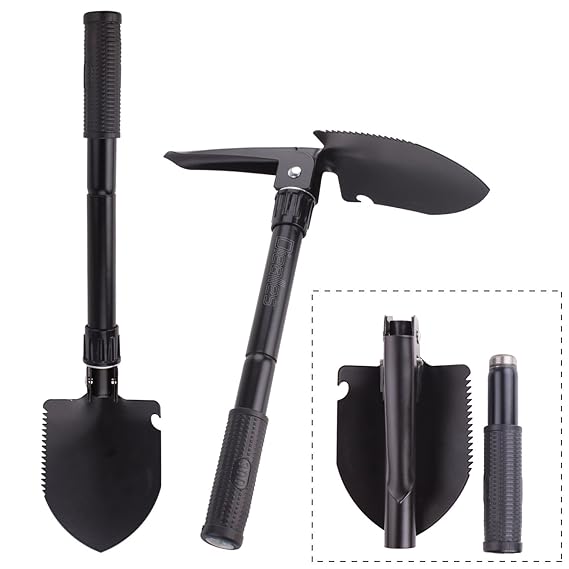 Multifunktionaler Klappspaten, Diealles Stahl Mini Schaufel mit Kompass, Flaschenöffner und Carry Pouch für Wandern, Camping,