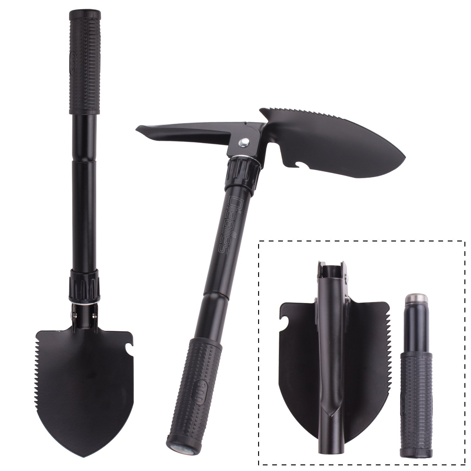 Multifunctional folding spade, the all steel mini shovel with compass, bottle opener and carry pouch for hiking, camping, gardening, survival, fishing, backpacking (17 × 11.5 cm).