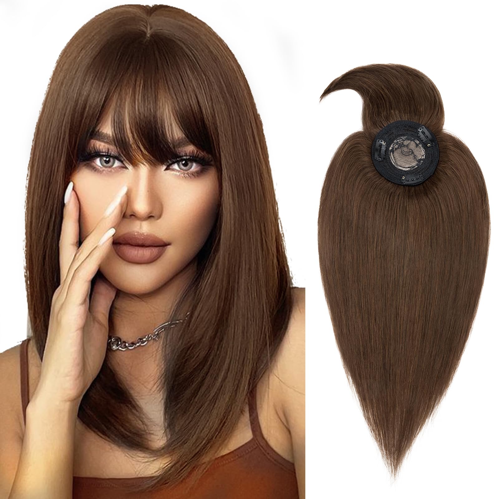 Silk-co Hair Toppers for Thinning Hair Women 10inch Real Human Hair Clip in Hair Extensions with Fringe Mono Base Crown Top Pieces #4 Medium Brown