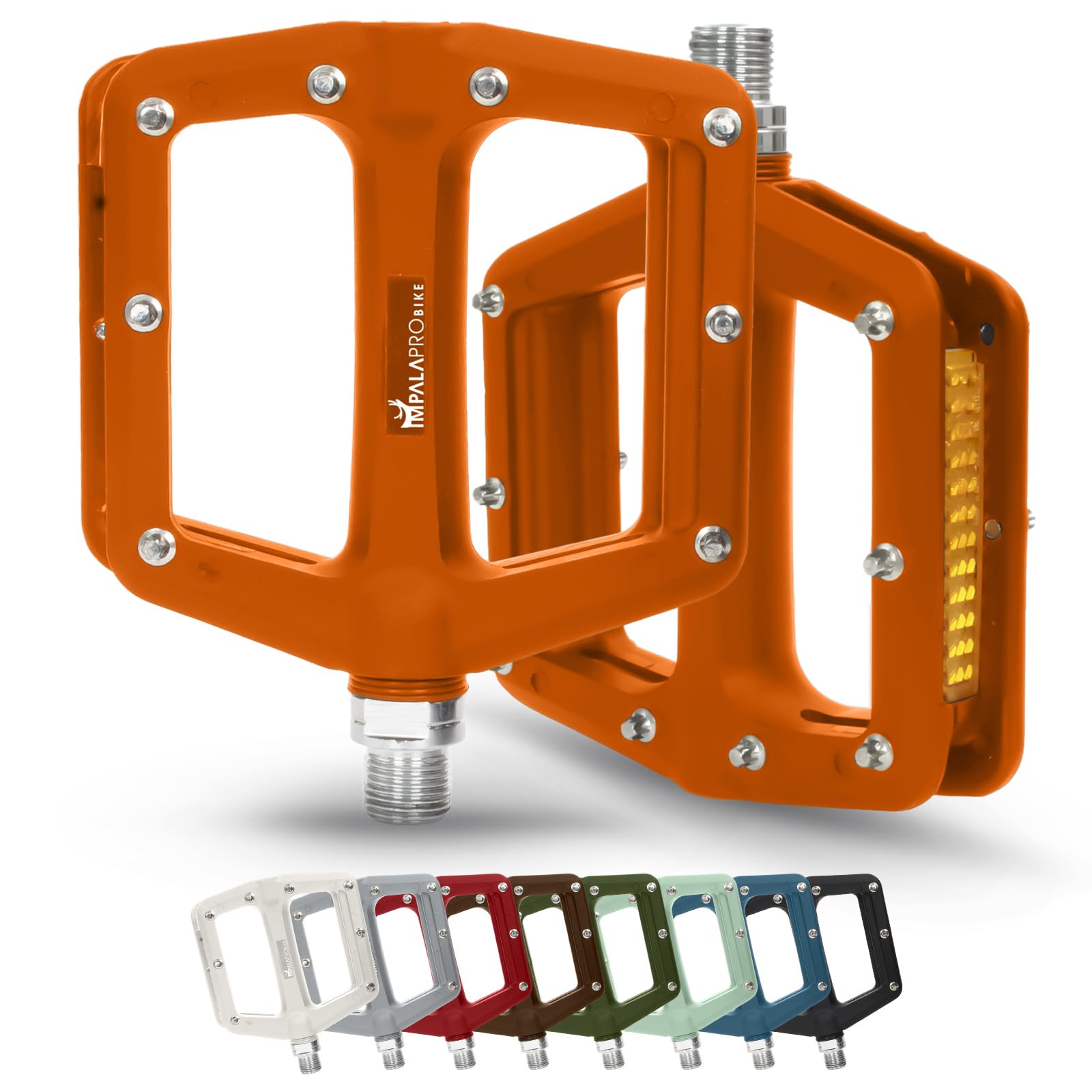 IMPALAPRO - Bike Pedals with Reflective in Nylon Fiber - Flat Bike Pedal with Selaed Bearing 9/16" - Mountain Bike - BMX - Road Bike - MTB Flat with Reflectors (Orange)