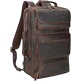 TIDING Full Grain Leather 17.3 Inch Laptop Backpack for Men, Convertible Business Briefcase Weekender Camping Bag Travel Rucksack