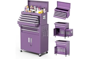 Greenvelly 8-Drawer Rolling Tool Chest, Metal Tool Chest with Wheels, Tool Cabinet with Detachable Top Tool Box, Metal Tool Cart with Liner & Hooks for Garage, Workshop, Warehouse (Purple)