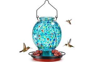 TINLAVIY Hummingbird Feeder, Glass Hummingbird Feeder for Outdoors, Vibrant Colors Attract Hummingbirds, 18 Ounces, Netted Texture Ball Shape Bottle