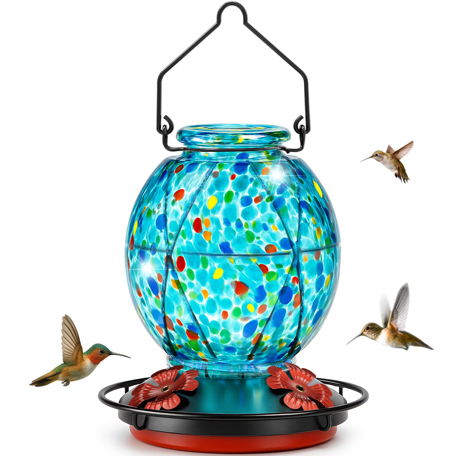 Photo 1 of Hummingbird Feeder, Glass Hummingbird Feeder for Outdoors, Vibrant Colors Attract Hummingbirds, 18 Ounces, Netted Texture Ball Shape Bottle