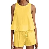 Ythomm Womens Two Piece Lounge Sets Round Neck Peplum Tops High Waist Linen Shorts Summer Matching Sets Beach Travel Outfits