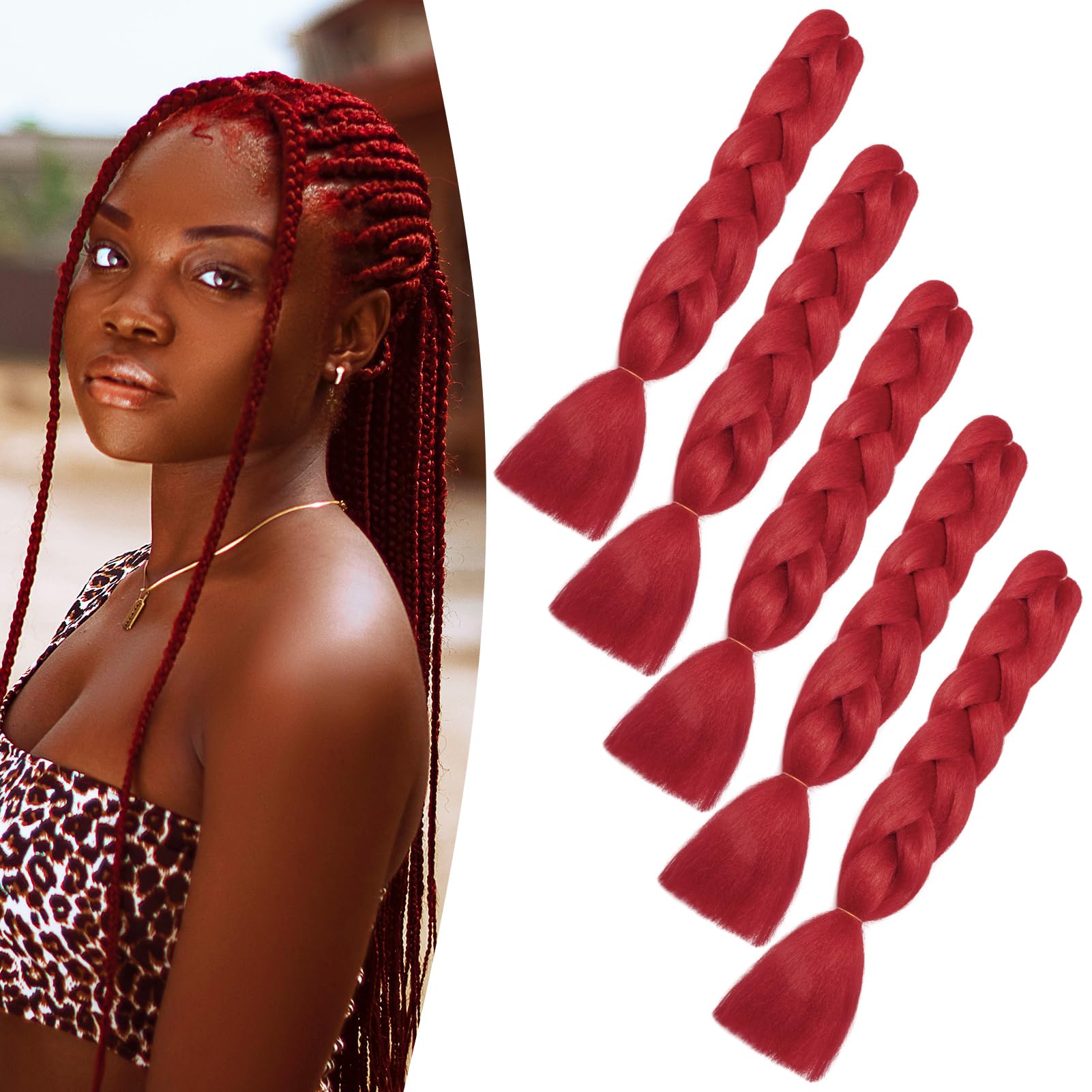 Dcbaboo Red Hair Extensions for Braiding Jumbo Braiding Hair Extension 5packs 24inch Synthetic Hair Kanekalon Ombre Braids Extensions Hair Afro Crochet Twist Box Braids 500g, Red