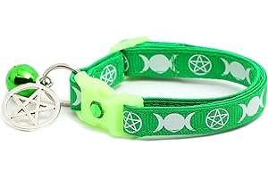 PUGS TO PERSIANS Wicca Cat Collar with Occult Charm & Bell | Witch’s Familiar Cat Collar | Witch Kitten Collar Charms | Glow in The Dark | Safety Breakaway Collar (Small(10lbs & Less), Solid Green)