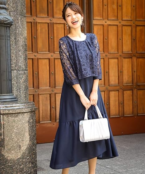 Amazon Nissen ニッセン パーティードレス フロントオープン 前開き 七分袖 パーティードレス 前開きレース切替マーメードスカート ワンピースドレス 結婚式 二次会 お呼ばれ対応 大きいサイズ ネイビー 3l ワンピース チュニック 通販