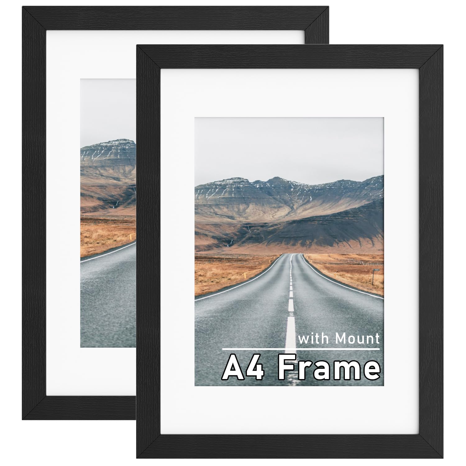 Zueyunstoo A4 Picture Frame, Pack of 2 A4 Photo Frame with Mount, 21x29.7cm Black A4 Frame, Wall Mounted and Freestanding