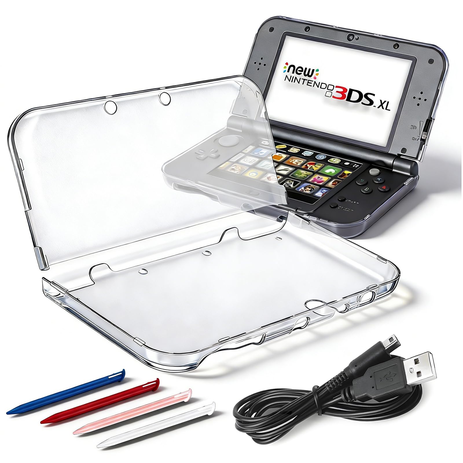 Vranzoral New 3DS XL Clear Case,Crystal Transparent Hard Shell for New 2015 Nintendo 3DS XL LL（New Modified Hinge-Less Design） Pack with 4 Stylus Pen for 3DS and 1 Charing Cable