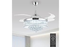 Bavnnro 42'' Fandelier Ceiling Fans with Light, Silver Retractable Crystal Chandelier Fan, Reversible, Remote Control, Dimmable Ceiling Light Kits for Dining Living Room, Bedroom