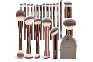 MAANGE 20 PCS Foundation Makeup Brush Set, Double-ended Kabuki Contour Brush for Liquid Powder Concealer Blending Blush Face Makeup Tools (Coffee)