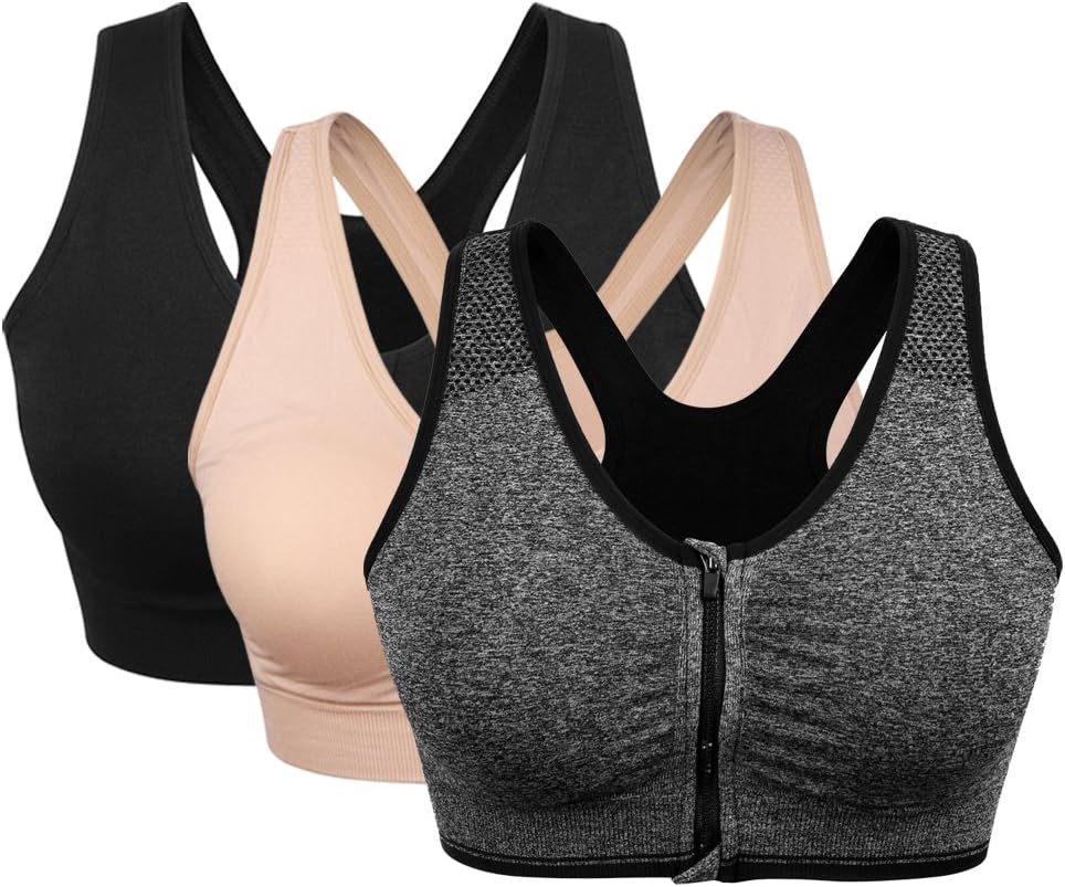 VEQSKING3 Pack Women's Sports Bra Zip Front Non Wired Comfy Post Surgery Bra with Removable Pads