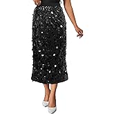 XSRYT Womens Sequin Skirt Elastic Waist High Waist A line Sparkly Shiny Midi Concerts Night Out Club Party Skirts