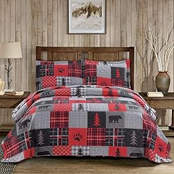 Junsey Rustic Bear Quilts Set Full/Queen Size, Red