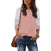 ReachMe Women's Casual 3/4 Sleeve T Shirts Crewneck Striped Raglan Sleeve Tee Shirts Loose Fit Blouses