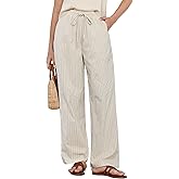 GRAPENT Striped Pants for Women High Waisted Wide Leg Cotton Linen Trendy Beach Pull on Elastic Waist Casual Flowy Pants