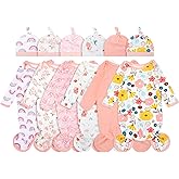 Cuffbow 6 Packs Newborn Baby Knotted Gowns Set 0-6 Months Cotton Sleeper Long Sleeve Nightgown Hat Set for Infant (Sweet Color,Stylish)