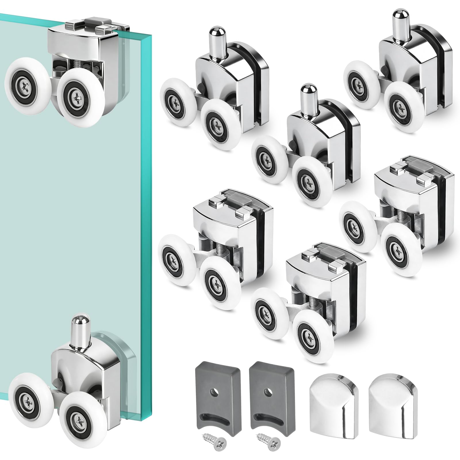 8 Pcs 23mm Shower Door Wheels Curved Shower Door Rollers Replacement Bathroom Runners Screen Rollers for Enclosures, Fits 4-6mm Glass with Anti-Collision Block (4 Top and 4 Bottom Wheels)