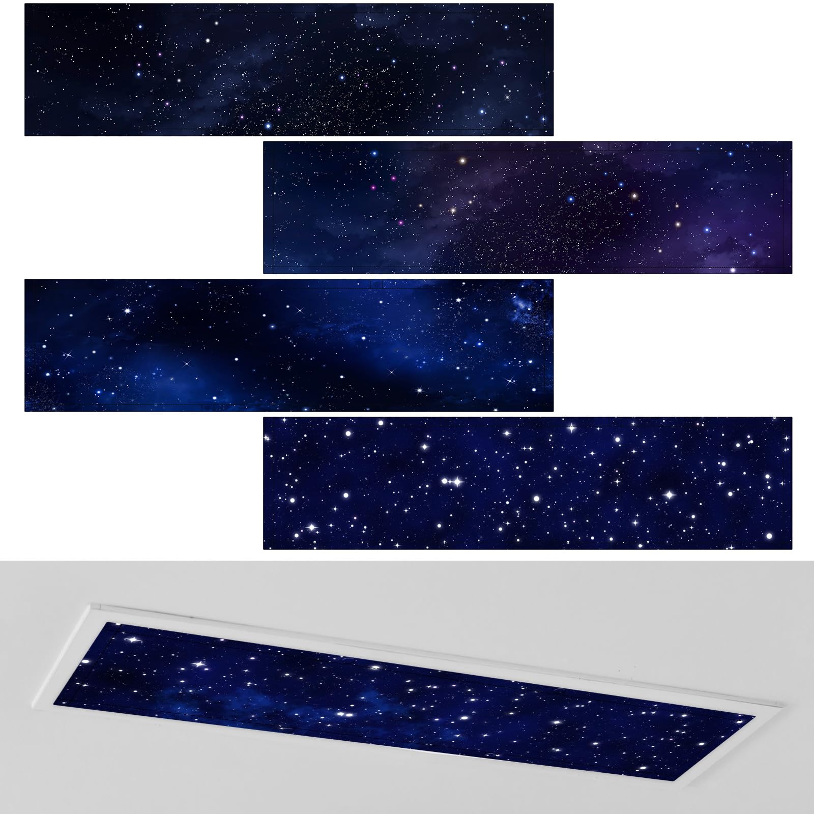 Photo 1 of Wowangce 4 Pcs 1 x 4 Feet Fluorescent Lights Covers Magnetic Ceiling Light Cover with 8 Magnets Fluorescent Light Filters for School Classroom Home Drop Lamp Decor (Starry Sky)