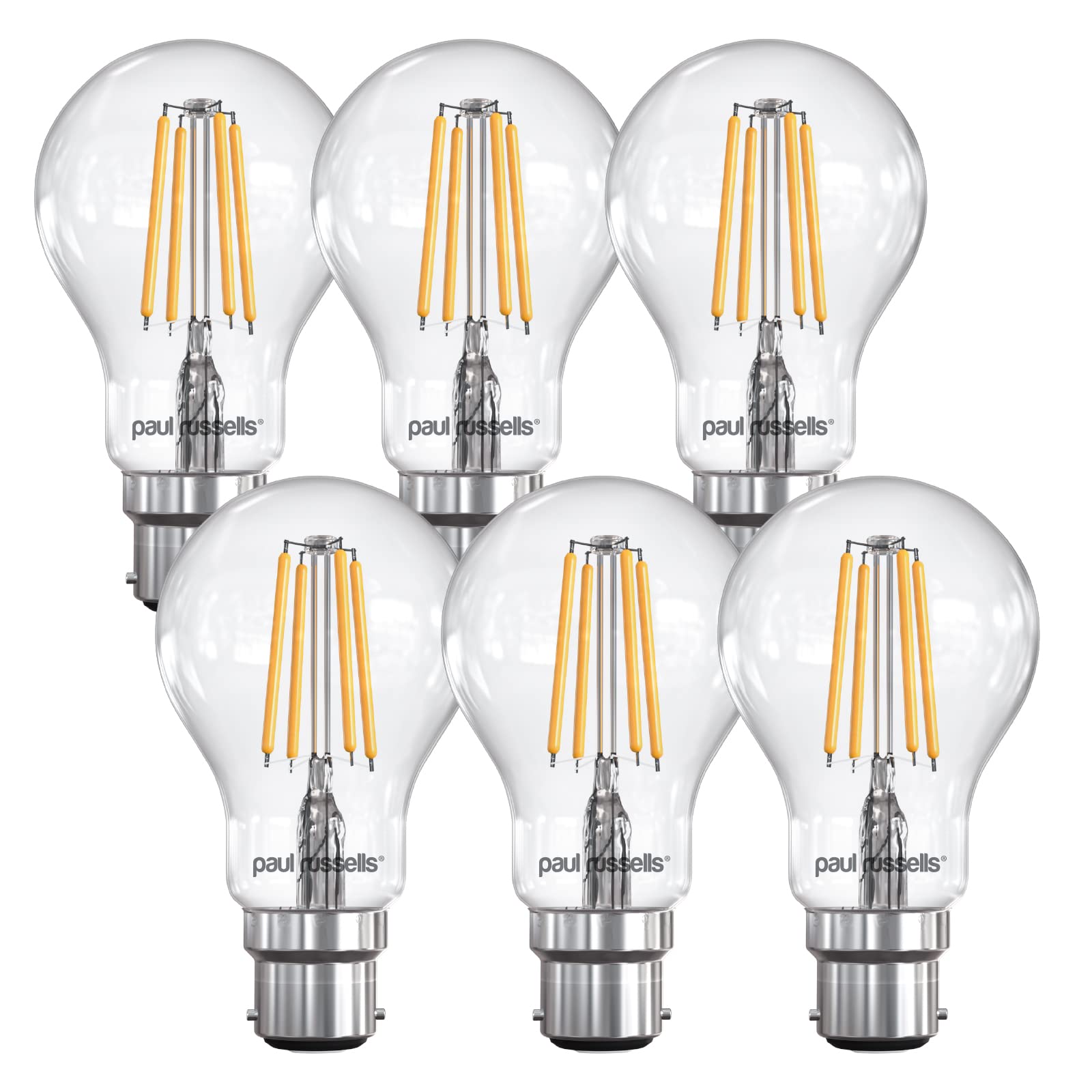 paul russells B22 Bayonet Cap LED Filament – 7Watt 60W Equivalent 806LM Lumens 2700K BC Standard GLS A60 – Super Bright Energy Saving Light Non-Dimmable - Warm White Bulbs - Pack of 6