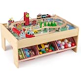 GLACER Train Table with Storage, 94 Pieces Wooden Activity Table (Red) | Train Set Table with Reversible Tabletop, 3 Folding Fabric Bins, Tracks, Pulley Drawbridge, Cars, Kids Play Table for Ages 3+