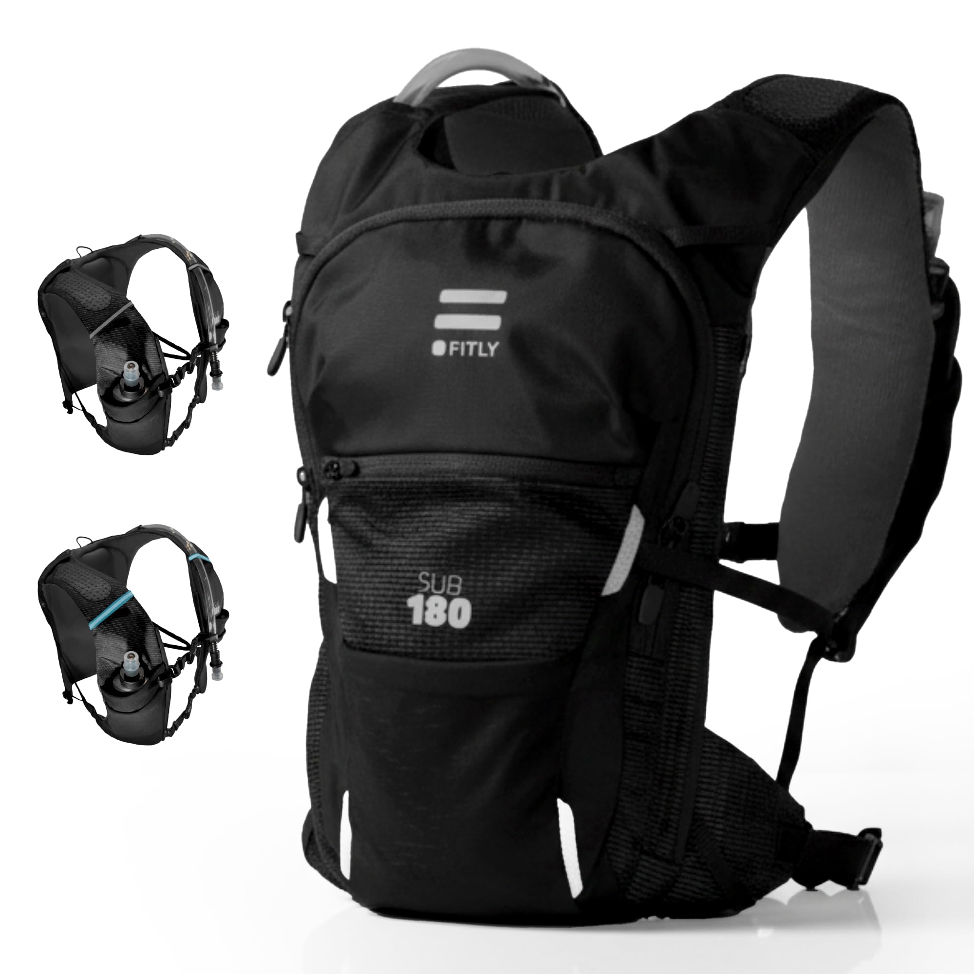 FITLY Sub 180 Running Pack Hydration Vest - Trail Water with 4 Pockets, 1L Bladder, 250ml Soft Flask - Anti-Sway for Men & Women - Gear - One Size Fits All, Edgy Black