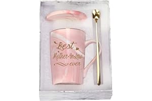 TOSHIY Mother In Law Coffee Mugs Best Mother In Law Gifts Birthday Mothers Day Gifts from Daughter Son In Law 14 Ounce Pink with Gift Box Spoon Coaster