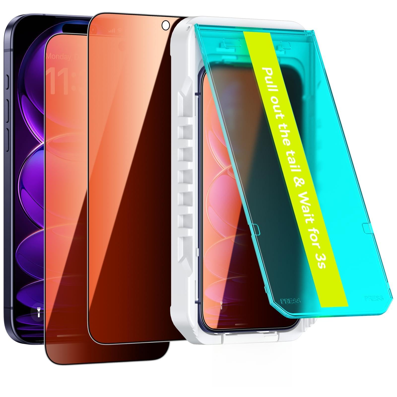 Photo 1 of Ksleri 1 Pack Privacy Screen Protector for iPhone 17 Pro Max/iPhone 16 Pro Max 6.9” Gradient Colorful 25° Anti Spy Private Full Coverage Tempered Glass with Auto Fit Box, Dust Free Installation