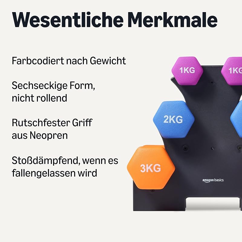 Neopren Hanteln Gewichte, Hantelset mit Ständer, 3 Paar (1kg, 2kg, 3kg), Sechseckig, für Krafttraining und Fitnesskurse