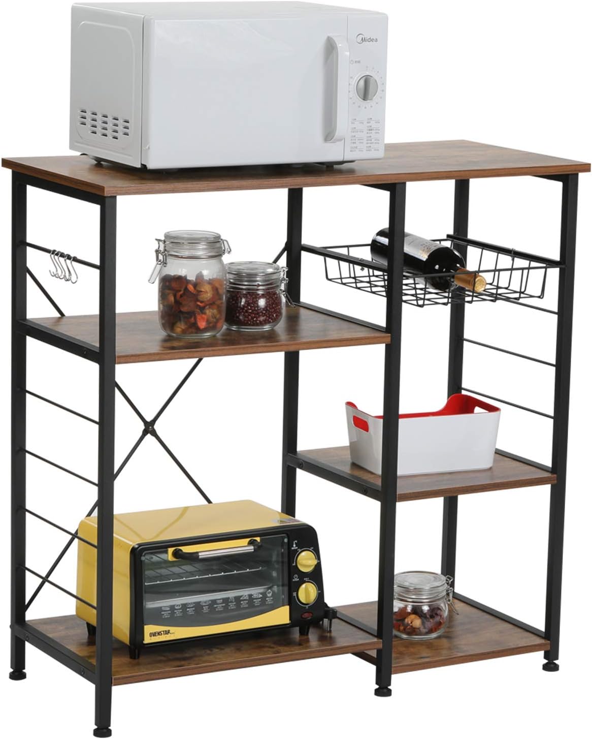 IRONCK Industrial Kitchen Baker’s Rack, Kitchen Island Utility Storage Shelf, Coffee Bar Microwave Stand with 6 Hooks, Metal Frame, Simple Assembly, Vintage Brown - Standing Baker's Racks